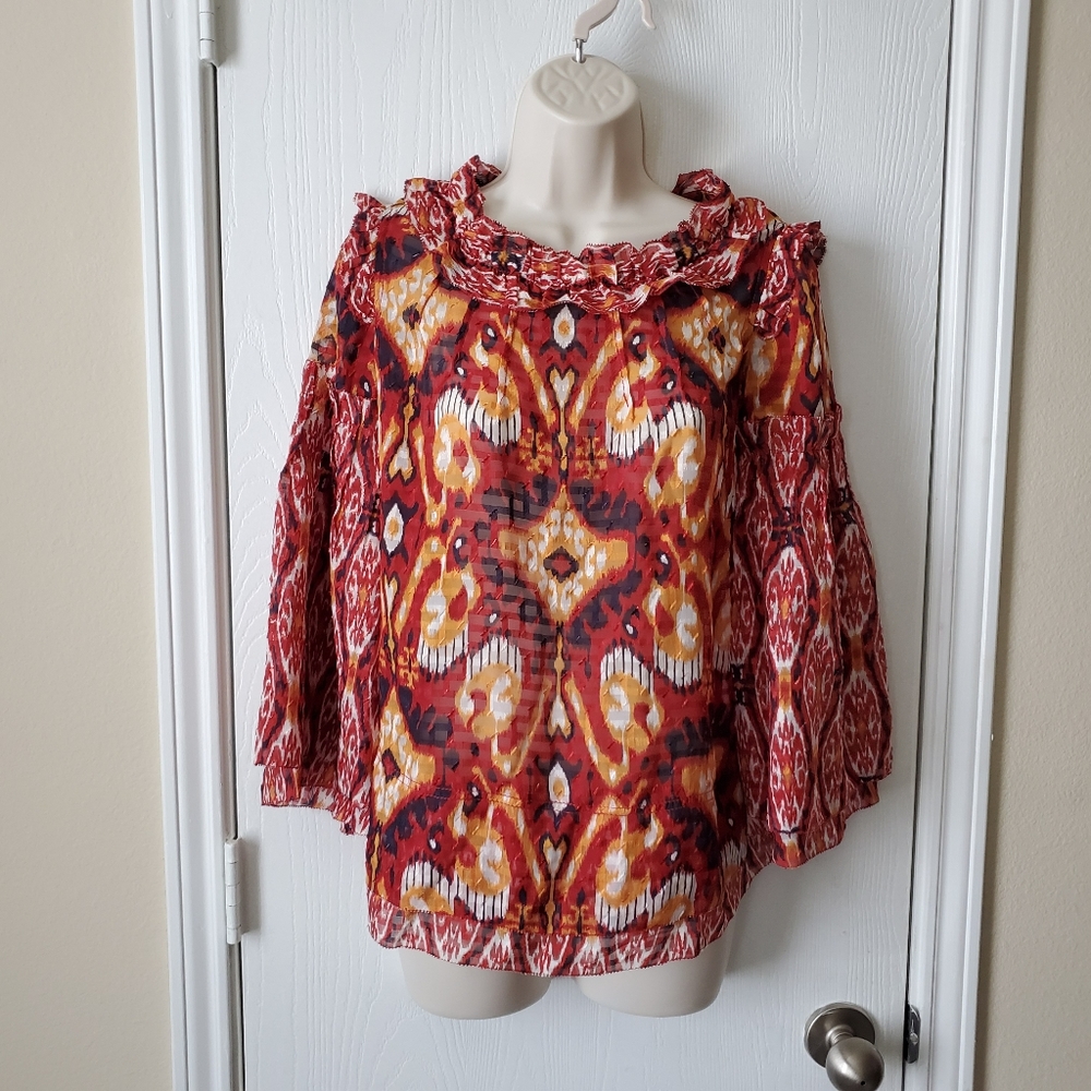Tory Burch Ruffle Neck Silk Blend Blouse